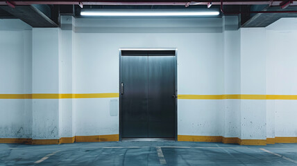 Clean industrial elevator in quiet empty parking garage
