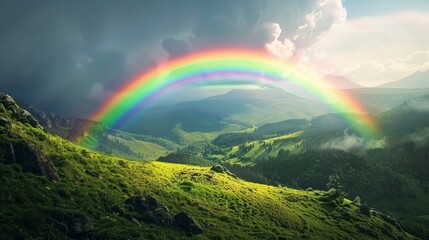 A vibrant rainbow over a lush green valley.
