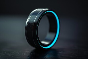 Black smart ring with glowing red and blue accents on dark background