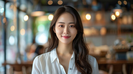 Obraz premium Korean woman on a video call in a bright cafe, wearing a white blouse, with a professional look and well-groomed appearance.