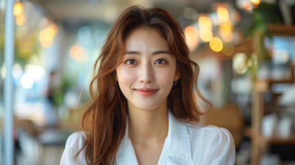 Obraz premium Professional Korean woman in a white blouse video calling in a bright cafe, with flawless skin and tidy hair.