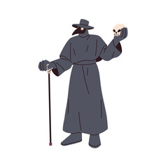 Helloween plague doctor costume. Creepy spooky character disguised in beaked mask for horror night, October holiday party, Halloween carnival. Flat vector illustration isolated on white background