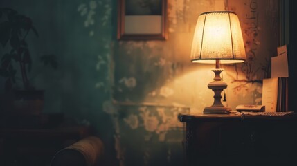 Warm Lamplight Illuminates Vintage Interior - A warm lamp illuminates a vintage interior, creating a cozy and inviting atmosphere. The lamp casts a soft glow on the textured walls, showcasing the intr