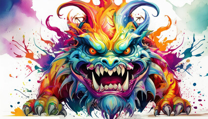 A colorful dragon with a menacing look on its face
