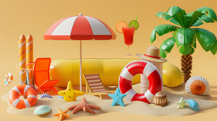 Summer elements 3d icon set clipart isolated on background, Minimal Realistic objects for mock-up with summer theme, beach umbrella, sand, inflatable ring, vacation time 