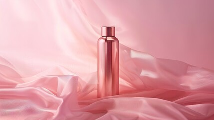 A chic rose gold water bottle with a metallic sheen, against a backdrop of elegant blush pink, combining luxury and hydration in style.
