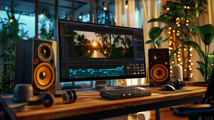 Fototapeta premium Video editing software or program opened on a wide pc computer monitor screen display placed along the keyboard and speakers on a wooden table or desk in a home room or office interior, evening time