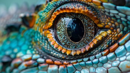 A close-up of a water dragon lizard's eye reveals its intricate details and vibrant colors.