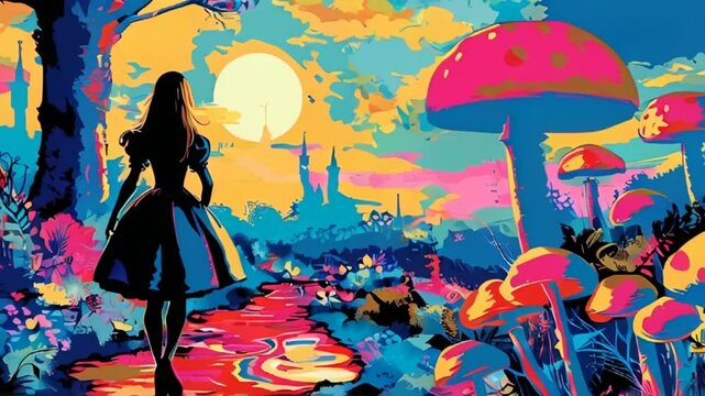 Alice in Wonderland in a Colorful Psychedelic Mushroom Kingdom