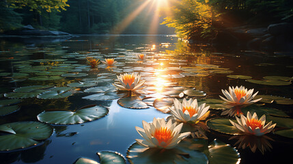 Fototapeta premium Lily Pad Ballet: Bees Dance on a Sun-Dappled Pond
