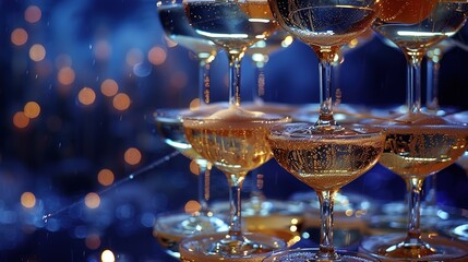 A luxurious champagne tower rising gracefully against a backdrop of midnight blue, each glass glistening with anticipation of the sparkling libation within.
