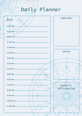 A calm and elegant day planner with a mandala design. Includes sections for date, hourly schedule, reminders, notes, and daily affirmations.