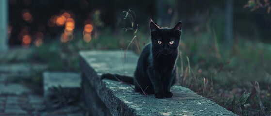 Mysterious Black Cat Sitting on a Stone Pathway at Dusk with Glowing Eyes and Blurred Background