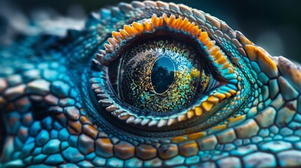 Obraz premium A close-up of a water dragon lizard's eye reveals its vibrant colors and intricate patterns.