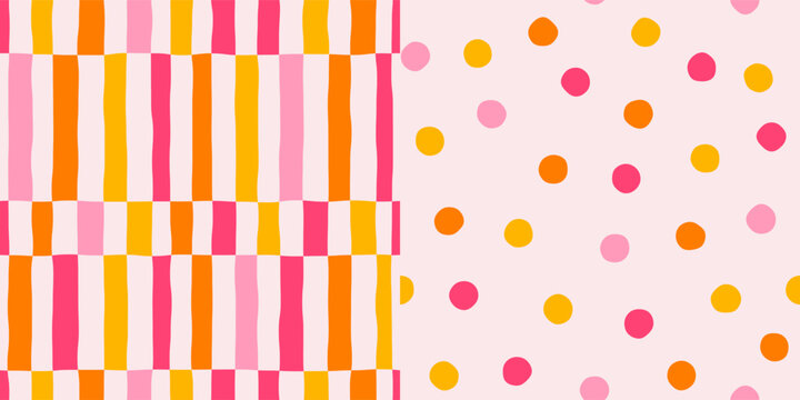 Set of seamless abstract multicolored polka dot and vertical stripes pattern on light background, hand drawn illustration, flat style
