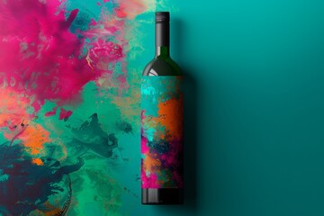 Wine Bottle With Abstract Paint Splatter Design on Teal Background