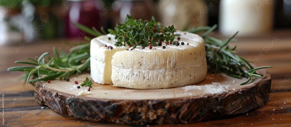 Sticker Round Cheese on a Wooden Board with Herbs