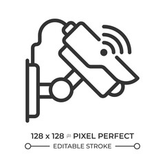 Smart security pixel perfect linear icon. Cctv camera, surveillance video. Iot technology. Privacy protection. Thin line illustration. Contour symbol. Vector outline drawing. Editable stroke