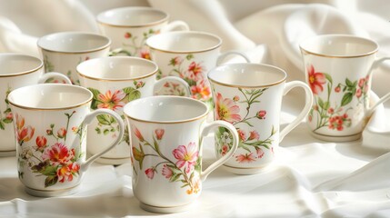 Fototapeta premium A set of matching porcelain mugs adorned with delicate floral motifs, arranged against a backdrop of crisp white, adding a touch of elegance to afternoon tea.