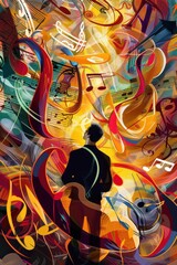 Fototapeta premium Harmony in Motion: Music Addict Surrounded by Giant Notes and Instruments Creating a Colorful Symphony in Abstract Music World