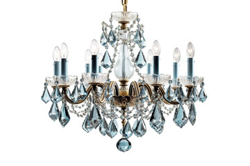 An Elegant Chandelier With Crystal Drops and Blue Accents on a Clear PNG or White Background.
