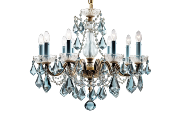 An Elegant Chandelier With Crystal Drops and Blue Accents on a Clear PNG or White Background.