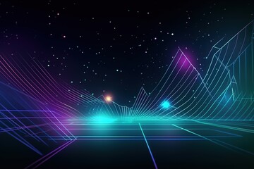 Abstract background features neon lines, laser show, and pulsating elements, with diagrams and equalizers adding to the overall virtual reality experience. AI generated.