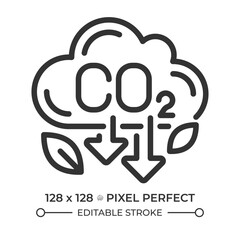 CO2 emissions pixel perfect linear icon. Greenhouse gas. Pollution reduce, decarbonization. Global warming, climate. Thin line illustration. Contour symbol. Vector outline drawing. Editable stroke