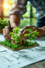Fototapeta premium Architect Designing Eco-Friendly House Model with Green Plants on Blueprint in Sunlit Office