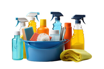 A Colorful Array of Cleaning Supplies Ready For Action on a Clear PNG or White Background.