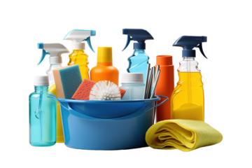 A Colorful Array of Cleaning Supplies Ready For Action on a Clear PNG or White Background.