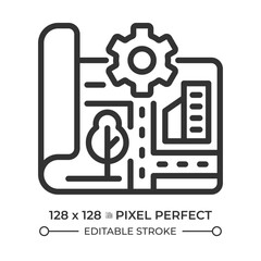 City planning pixel perfect linear icon. Architecture blueprint, transportation network. Building vision, urban growth. Thin line illustration. Contour symbol. Vector outline drawing. Editable stroke