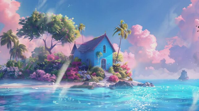 a house on the beach in the middle of the sea with beautiful clouds. digital painting illustration with cartoon or anime style.