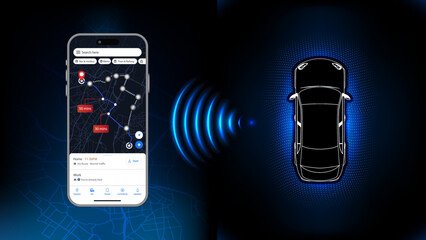 Car Location Detection and Smartphone Navigation App with GPS Tracking and Illuminated Route Dashboard. Futuristic Vector Illustration