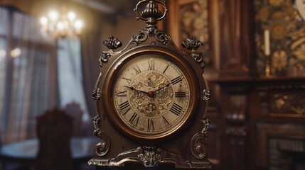 An antique clock ticking away the hours in an empty room, its ornate hands and chimes echoing the passage of time and stirring feelings of nostalgia for days gone by.