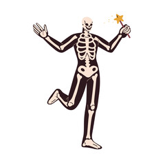 Halloween skeleton character. Dead bones and skull, funny creepy spooky carnival costume for October night party. Helloween horror masquerade. Flat vector illustration isolated on white background