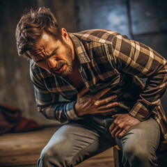 Obraz premium A realistic image of a man clutching his stomach in pain, showing discomfort and distress, likely due to gastritis or stomach issues, with a dark, moody background