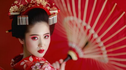 Japanese Geisha Japanese girl with red lipstick and elaborate kimono colorful red background. 