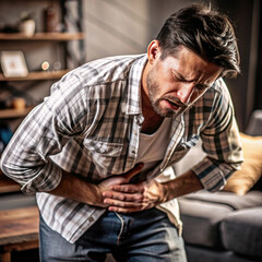 A realistic image of a man clutching his stomach in pain, showing discomfort and distress, likely due to gastritis or stomach issues, with a dark, moody background