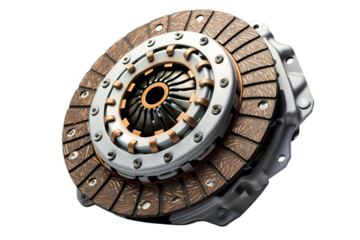 A Gleaming Automotive Clutch Plate Under Studio Lighting on a Clear PNG or White Background.