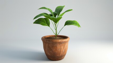 Fototapeta premium 3D illustration of a green plant growing in a clay pot. The plant has leaves on a stalk and is surrounded by a white background. The illustration is a representation of pottery, growth, and botany. 