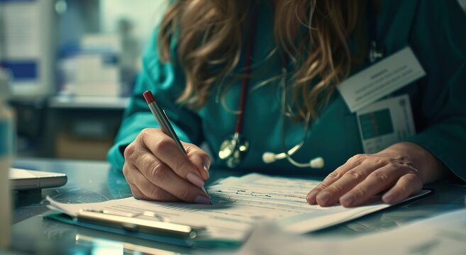 Close up of a female doctor writing a medical final report on a desk
