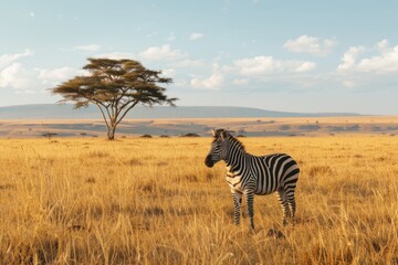 Naklejka premium Zebra standing in the African savannah near a big tree at sunset