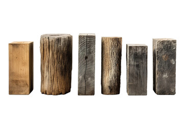 A Row of Weathered Wooden Blocks Against a White Background on a Clear PNG or White Background.