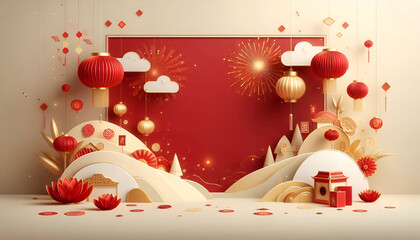 Spectacular Chinese New Year Podium with Red and Gold Decorations