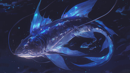 bioluminescent ink-based underwater creatures swimming in the deep ocean with vibrant glowing fins and expressive brushstrokes