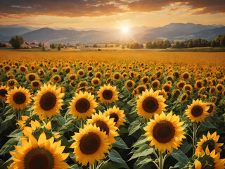 Sunflower field background with a sunny glow