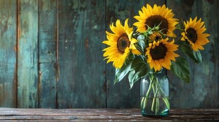 Obraz premium A bouquet of sunflowers arranged in a vintage glass vase on a wooden table
