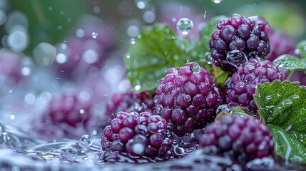 Fresh blackberries tumbling into a splash of water, with leaves and water droplets suspended