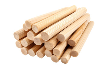 A Pile of Smooth, Unfinished Wooden Dowels Resting on a White Background on a Clear PNG or White Background.